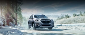 Subaru Forester in silber fahrend im Schnee bei Sonnschein