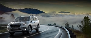 Subaru Forester auf nasser Fahrbahn und über einer geschlossenen Wolkendecke im Hintergrund