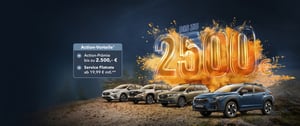 Verschiedene Subaru Fahrzeuge auf staubiger Straße, darüber leuchtet 'Bis zu 2500€' in großer Schrift.