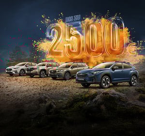 Verschiedene Subaru Fahrzeuge auf staubiger Straße, darüber leuchtet 'Bis zu 2500€' in großer Schrift