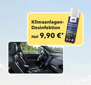 Aktions Badge für Klimaanlagen-Desinfektionsmittel zum Preis von 9,90 Euro mit Bild eines Autoinnenraums