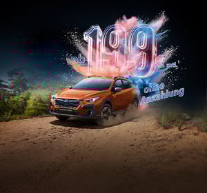 Oranger Subaru Crossstek auf staubiger Straße, darüber leuchtet '199€ ohne Anzahlung' in großer Schrift.