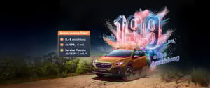 Oranger Subaru Crossstek auf staubiger Straße, darüber leuchtet '199€ ohne Anzahlung' in großer Schrift.