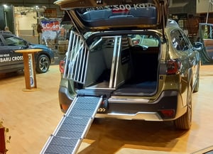 Subaru Forester auf Jagd & Hund Messe mit Hundetreppe