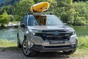 Subaru Forester mit gelbem Kajak auf Dachträger am Seeufer