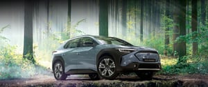 Subaru SOLTERRA steht im Wald mit Sonnenstrahlen, die durch die Bäume scheinen