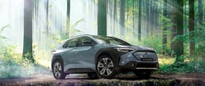 Subaru SOLTERRA steht im Wald mit Sonnenstrahlen, die durch die Bäume scheinen