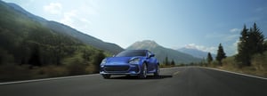 Subaru BRZ als blaues Sportcoupé auf Landstraße mit Bergen im Hintergrund