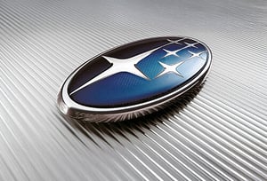 Subaru-Logo mit sechs silbernen Sternen auf blauem ovalem Hintergrund auf geriffelter silberner Oberfläche