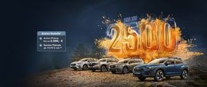 Fünf Subaru SUVs in einer Reihe vor Waldkulisse mit Text 'Bis zu 2500 €' als Aktionsprämie und Service-Flatrate ab 19,99 € monatlich